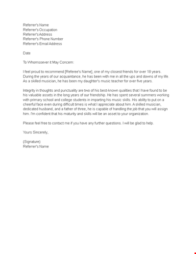 Years of Experience in - Professional Reference Letter
