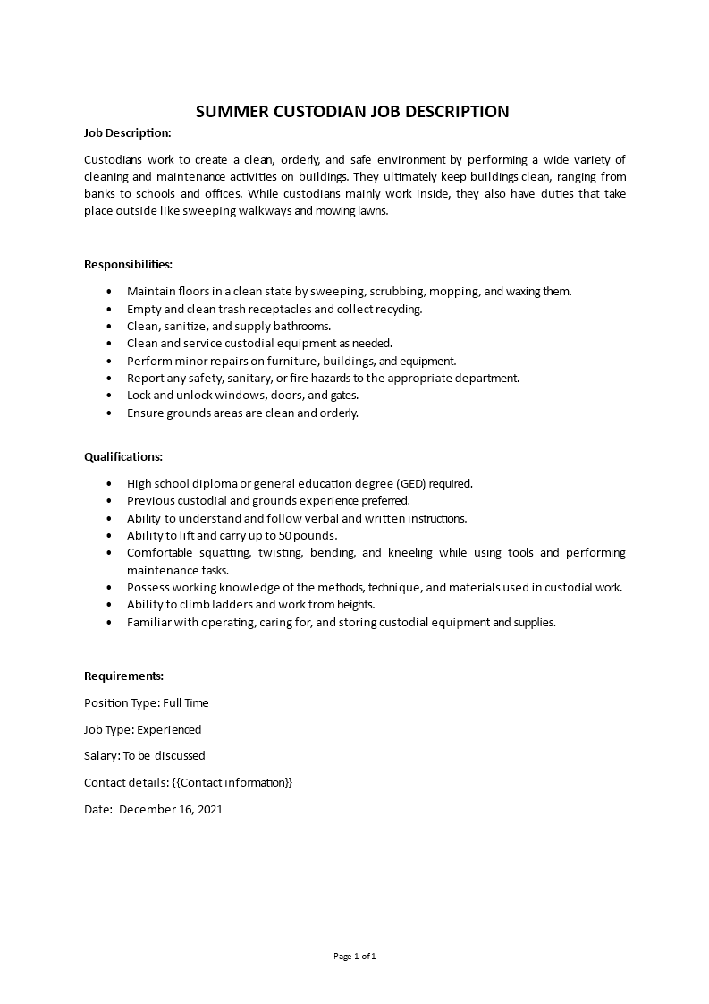 summer custodian job description Main Image summer custodian job description