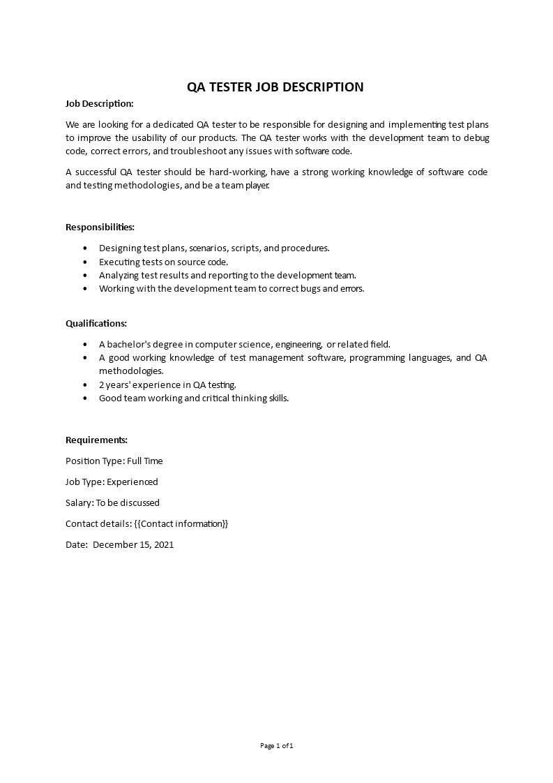qa tester job description Main Image qa tester job description