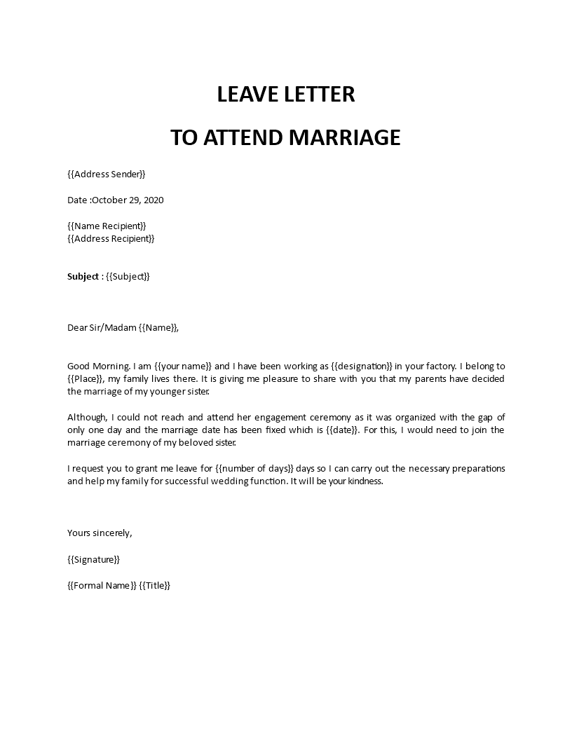 office leave letter to attend marriage template