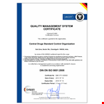 Quality Management System Certificate example document template