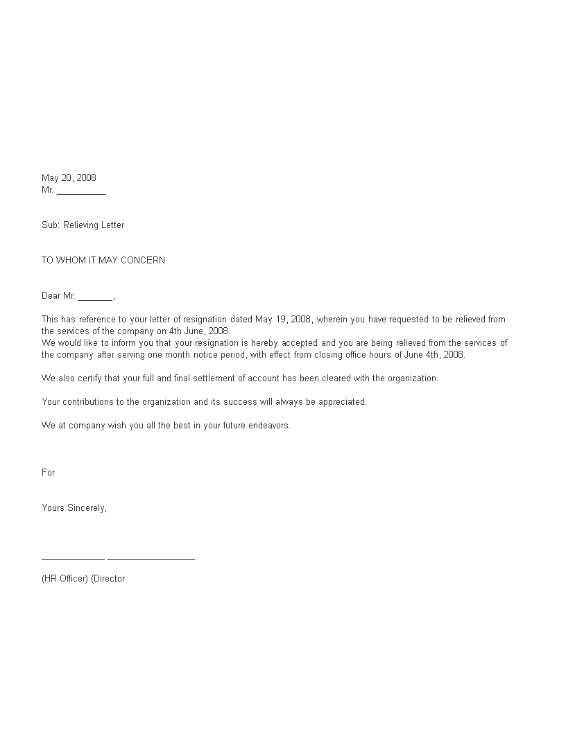 Relieved from Company Resignation Letter Relieving Letter