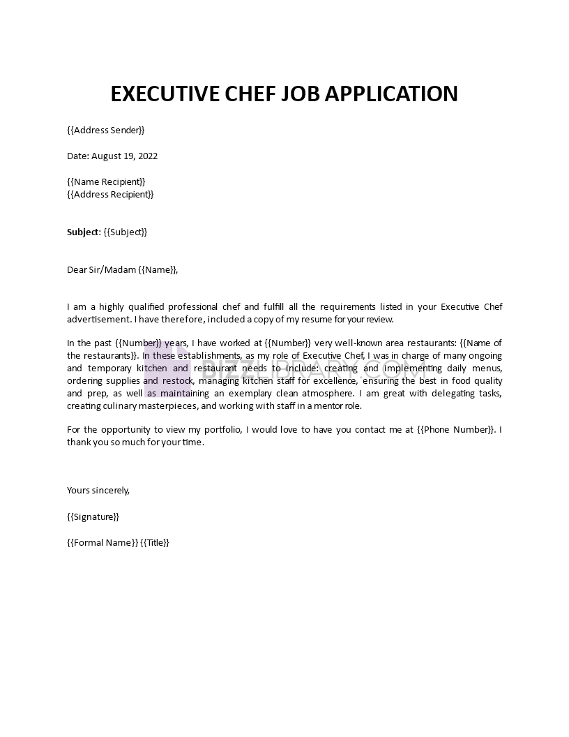 executive chef job application template Main Image executive chef job application template