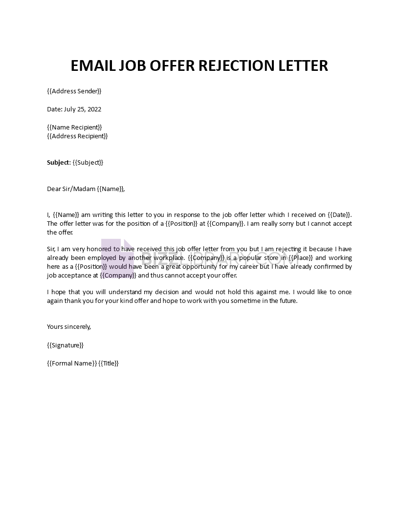email job offer rejection letter