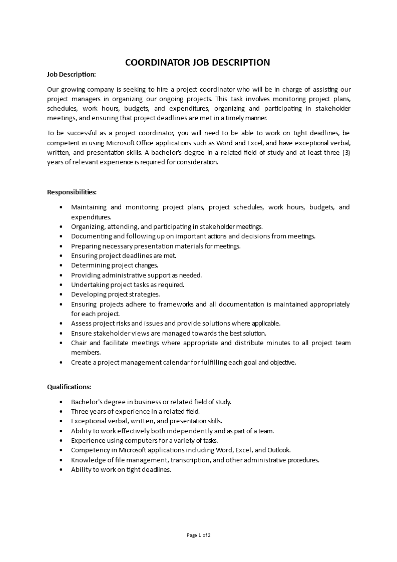 project coordinator job description Main Image project coordinator job description