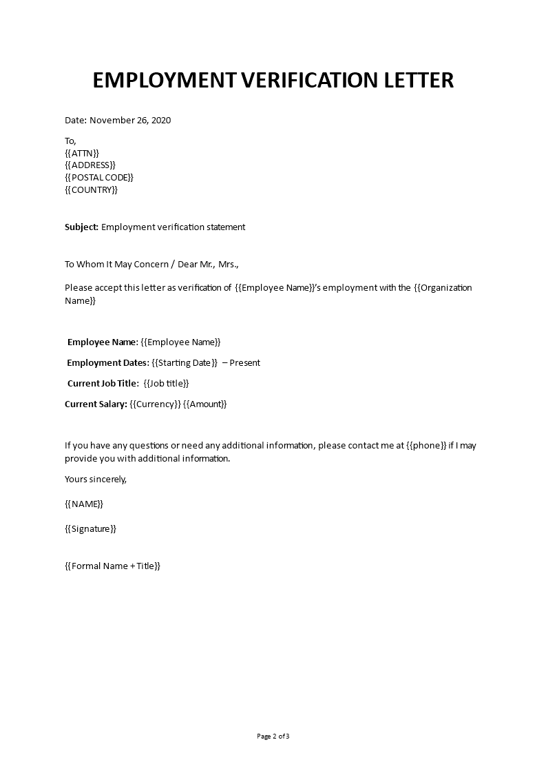 Employment verification letter For Employment Verification Letter Template Word