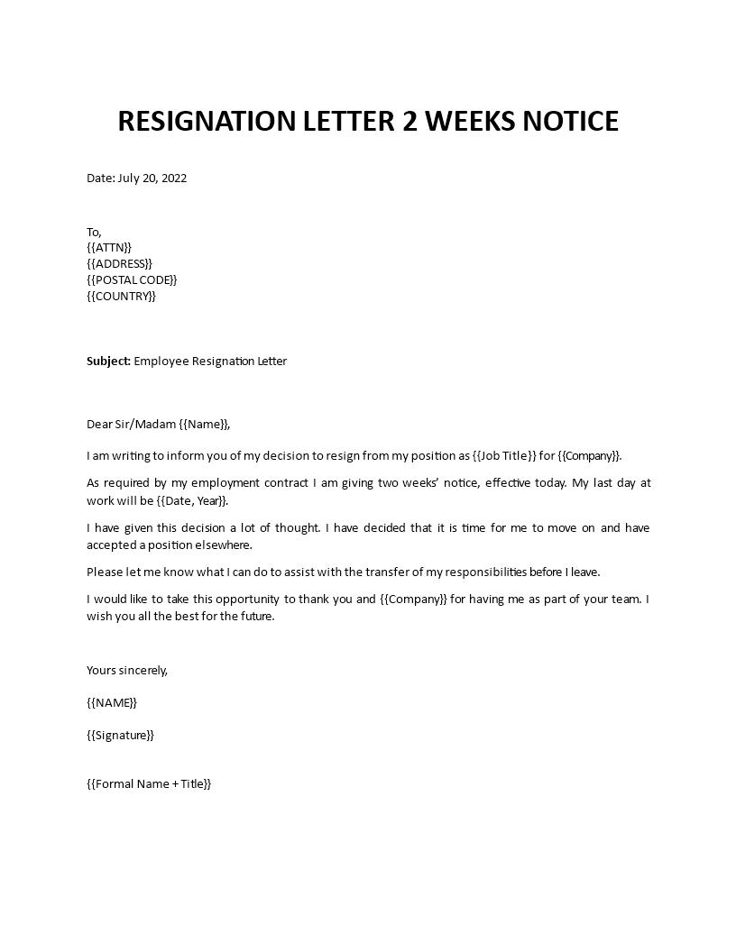 resignation letter two weeks notice template
