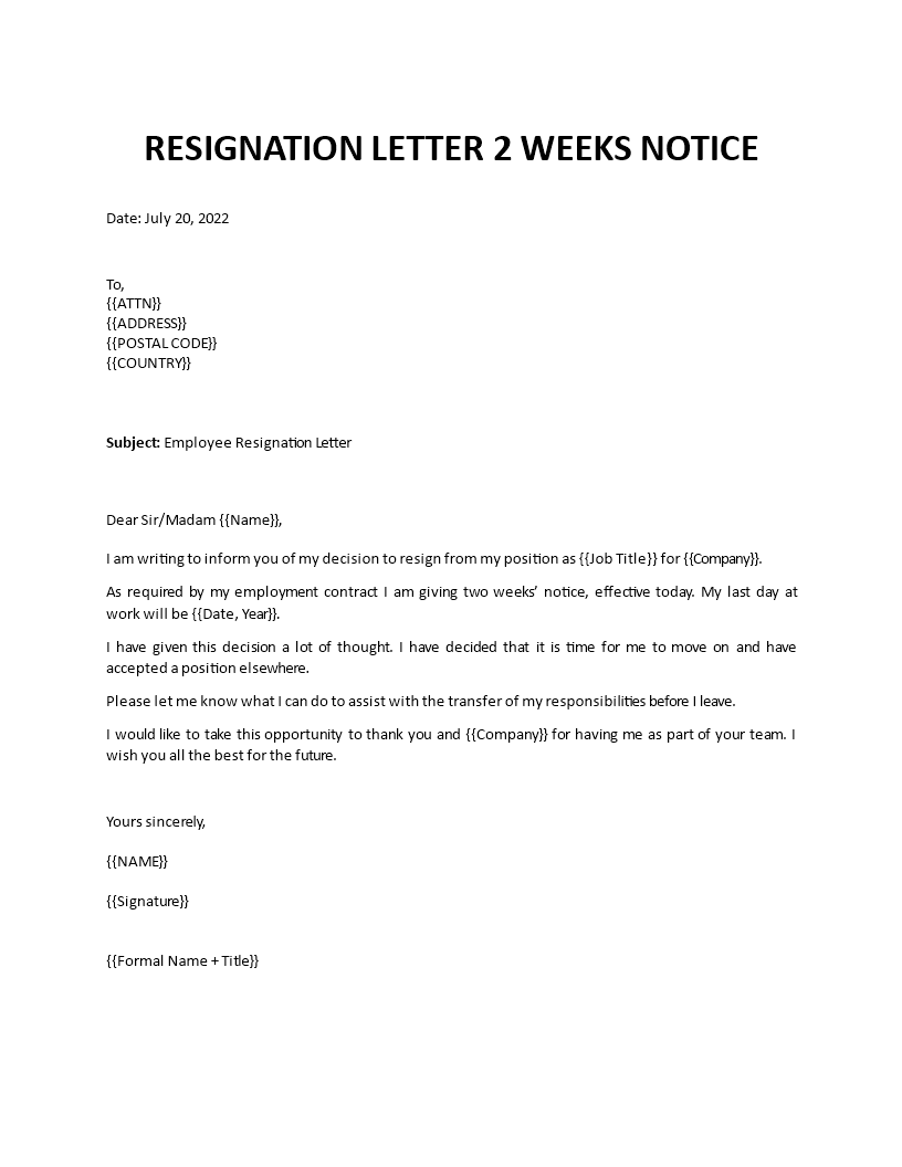 resignation letter two weeks notice Main Image resignation letter two weeks notice