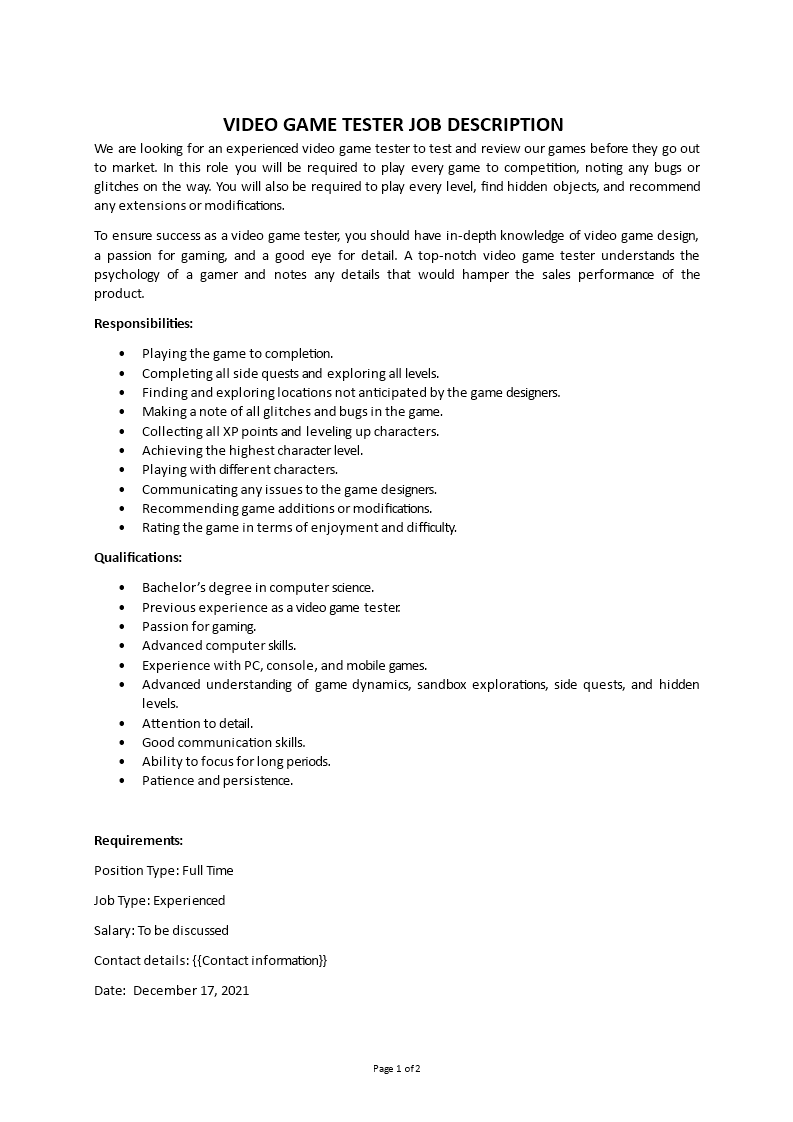 video game tester job description