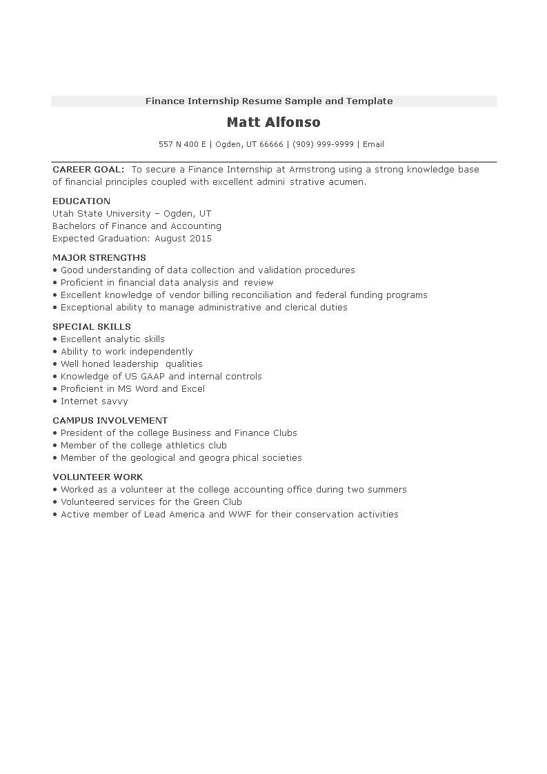 Finance Internship Resume Sample And Template