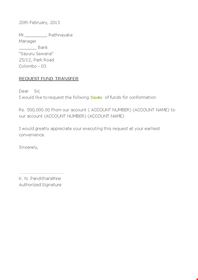 Fund Transfer Confirmation Letter Example