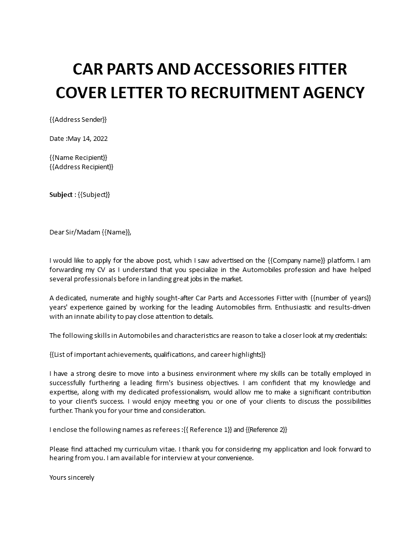 car parts accessories fitter cover letter
