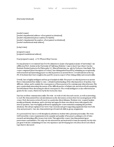 Ethical Course: Letter of Recommendation for College Student | Sender