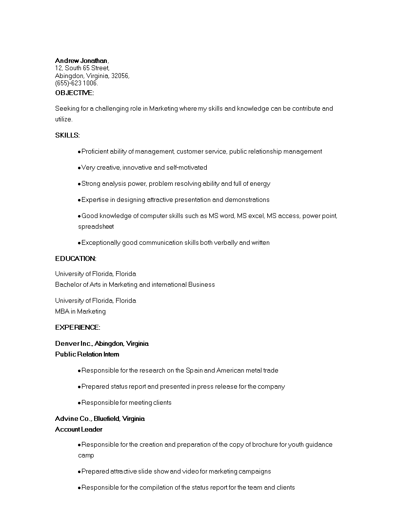 Marketing College Student Resume