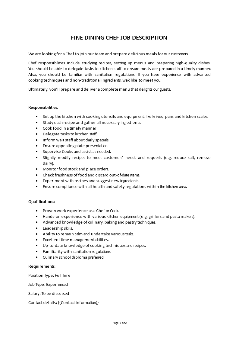fine dining chef job description