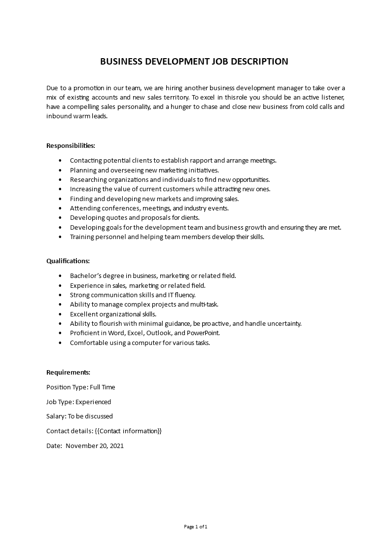 business development manager job description template