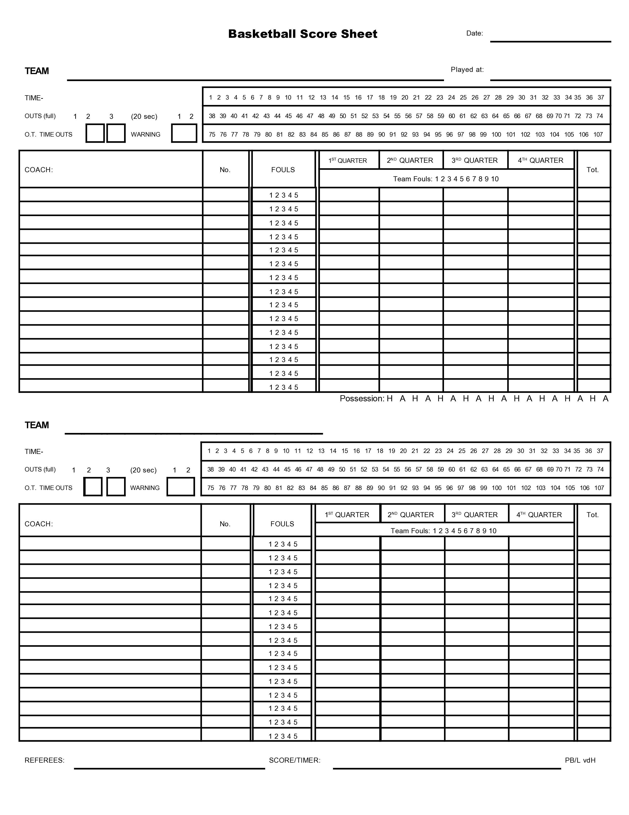 Generic Basketball Score Sheet