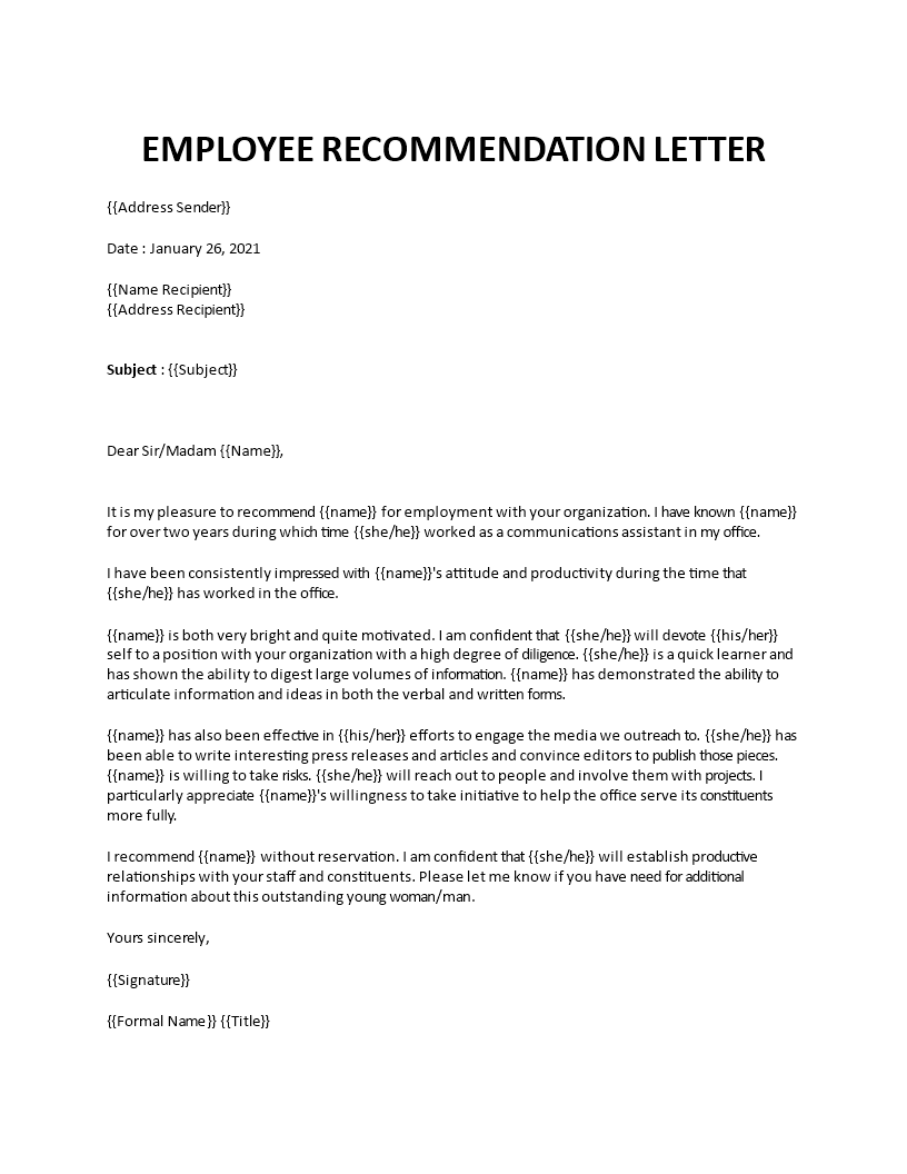 Employee recommendation letter Regarding Template For Letter Of Recommendation From Employer