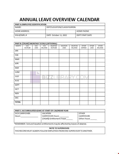 Calendar for Annual Leave