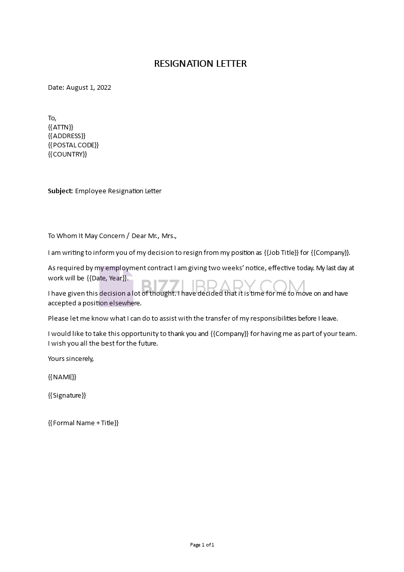 resignation letter sample example