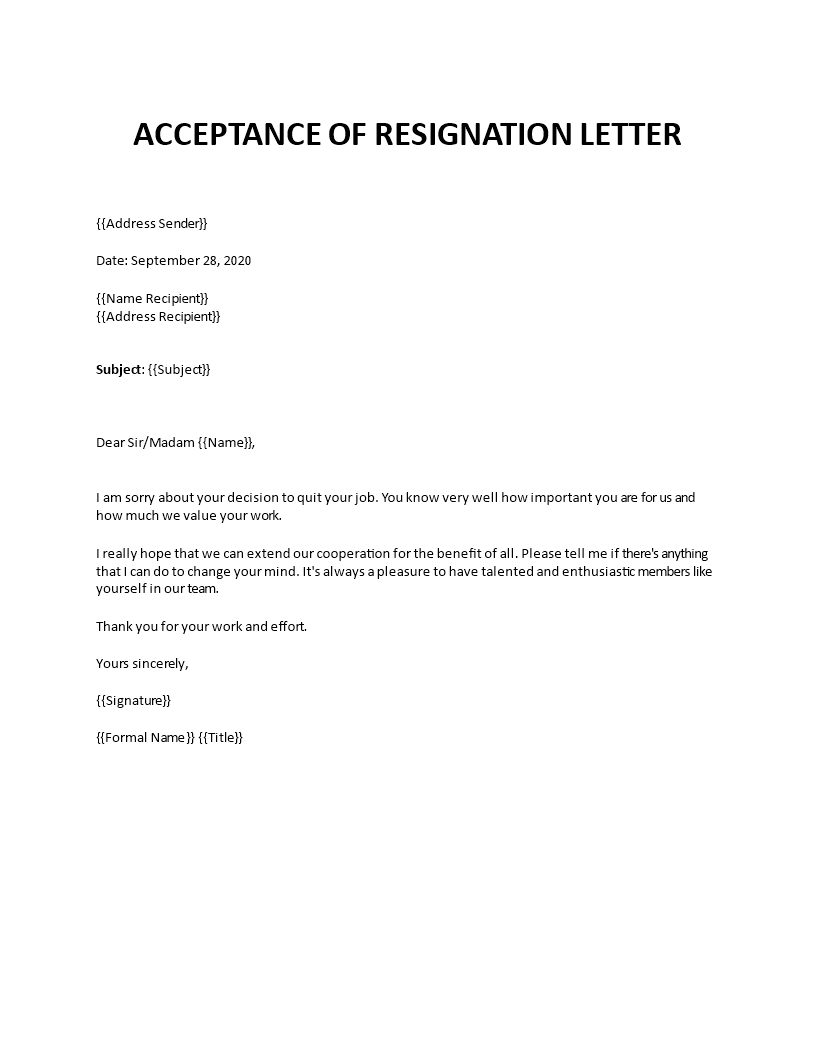 acceptance of resignation letter with later release