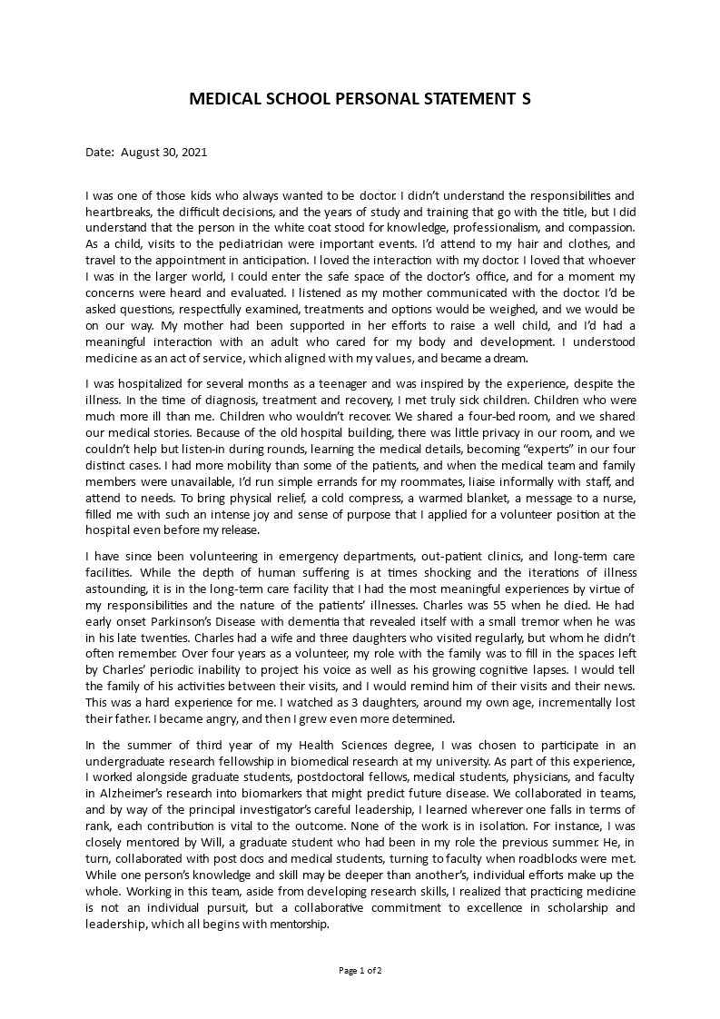 medical school personal statement example template
