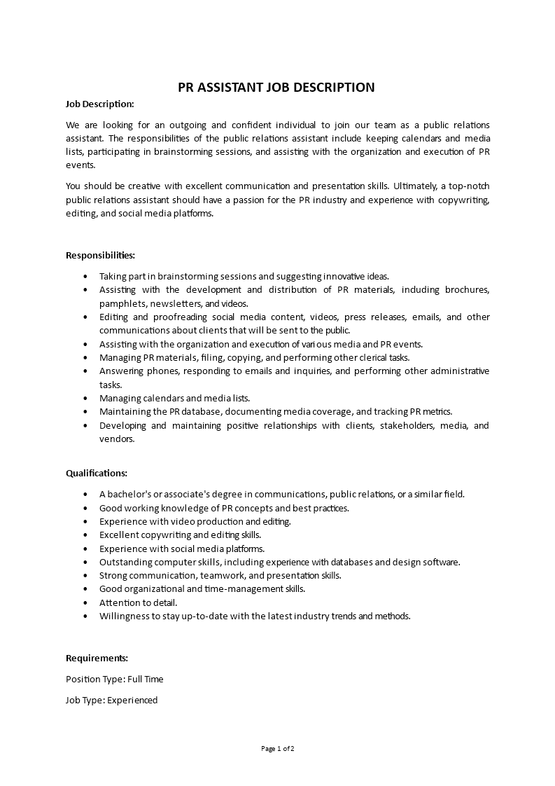 pr assistant job description Main Image pr assistant job description
