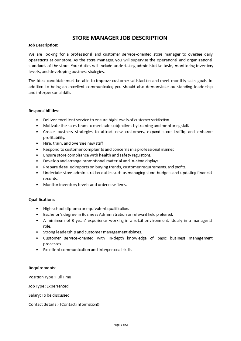 retail store manager job description Main Image retail store manager job description template