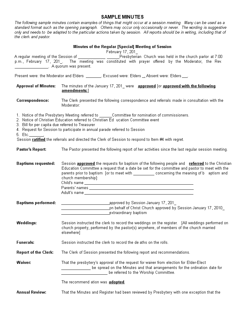 Free Church Meeting Minutes Template - Recommended Form for Church