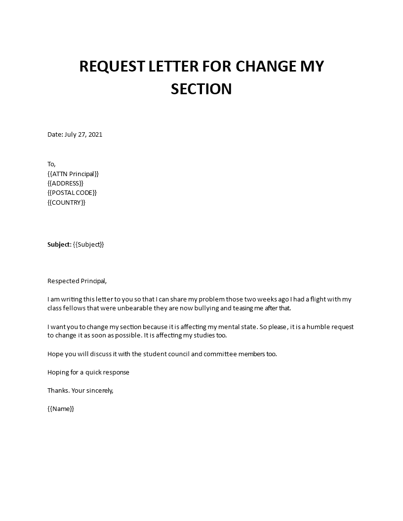 request letter for changing class