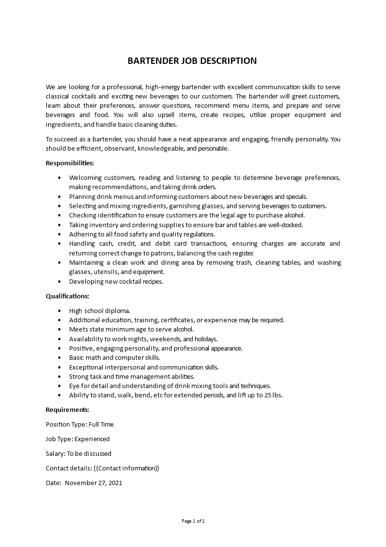 bartender job description Main Image bartender job description