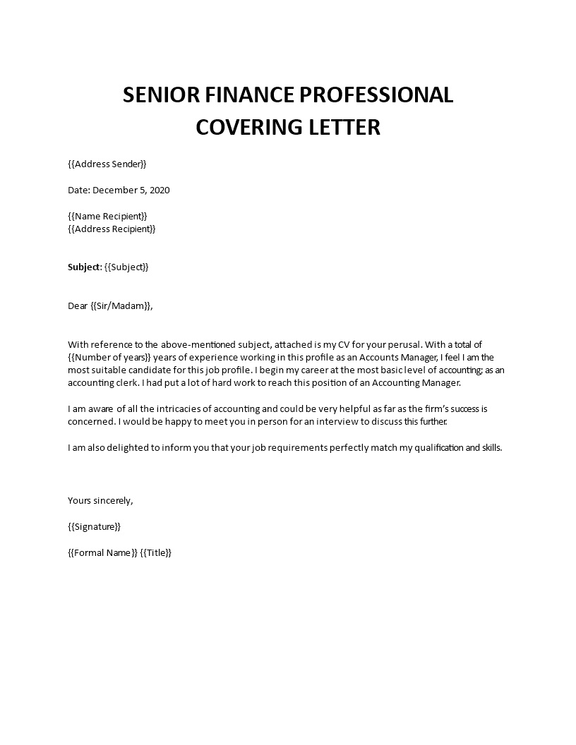senior finance professional covering letter