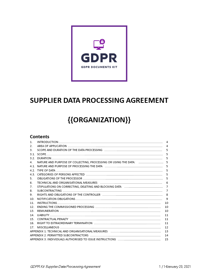 supplier data processing agreement template