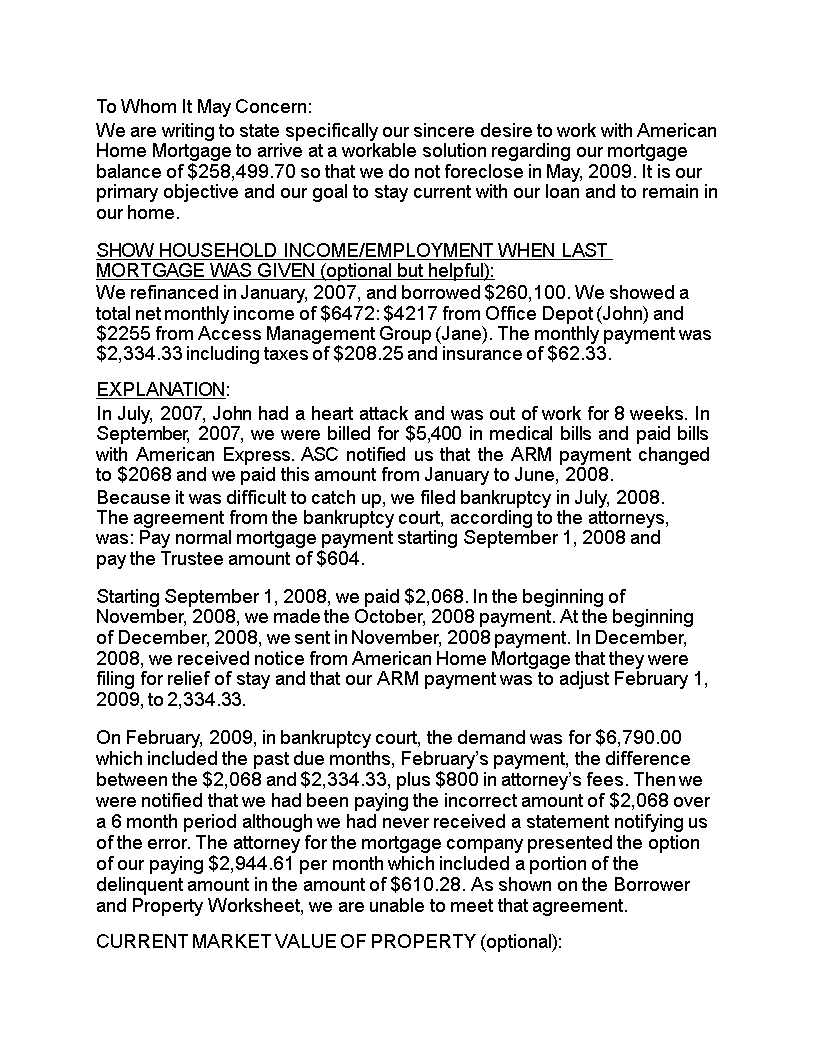 Sample Letter of Explanation for Mortgage Payment with Amount