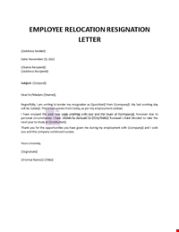 Resignation letter due to relocation