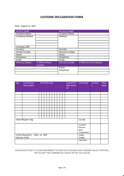 Customs Declaration Form