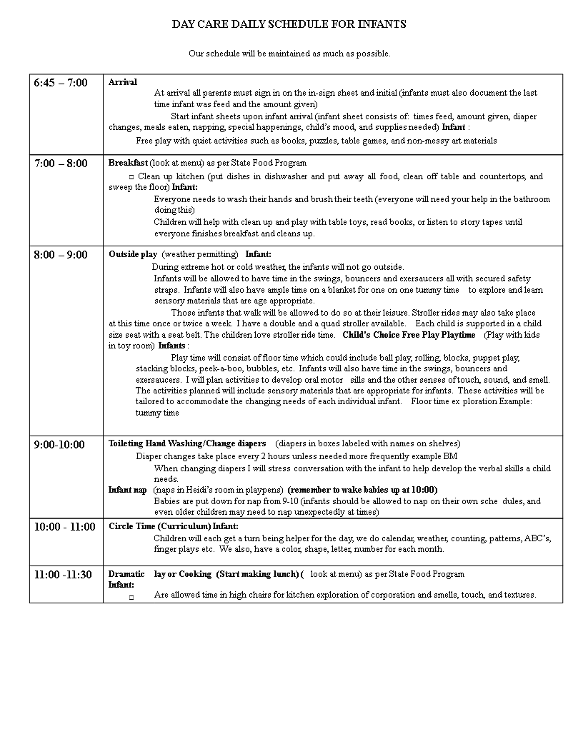 Infant feeding daily schedule template