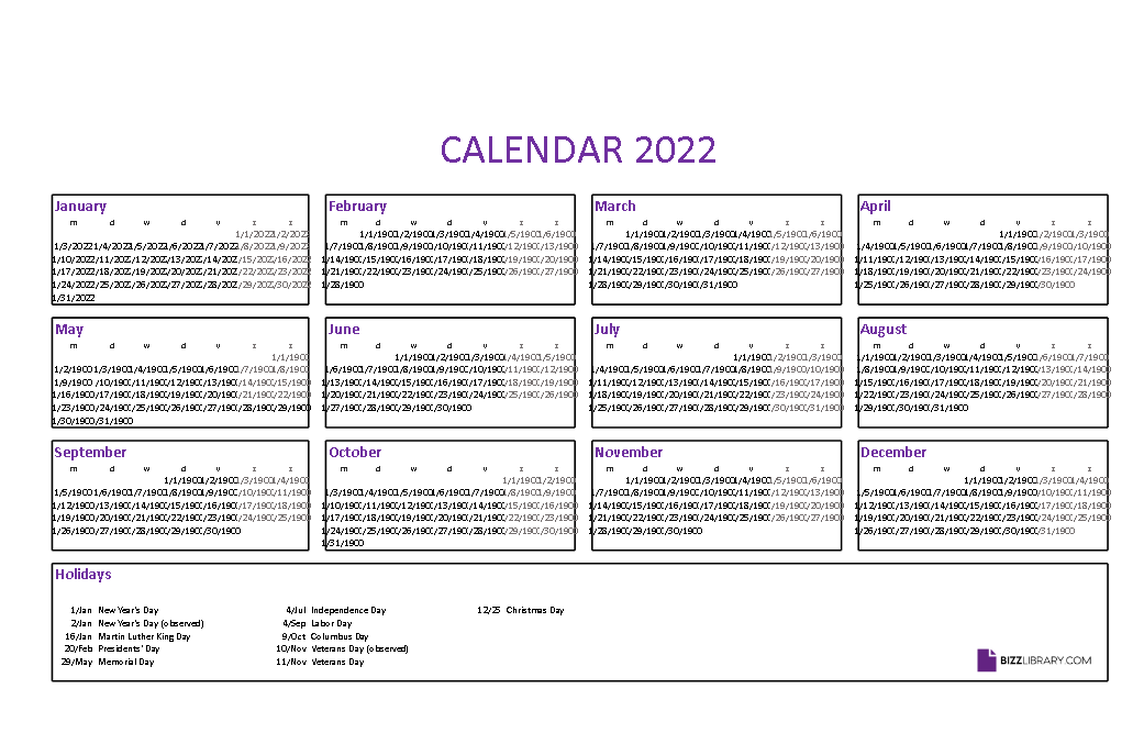 Calendar 2022 Excel