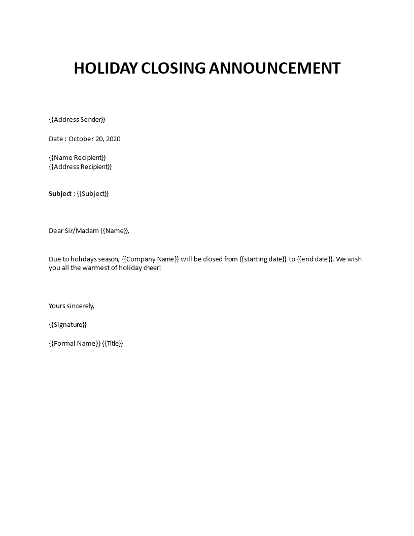 holiday closing announcement to customers