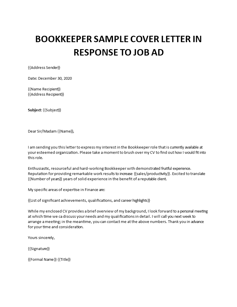freelance bookkeeper cover letter template
