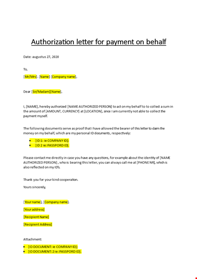 Authorization letter for payment on behalf