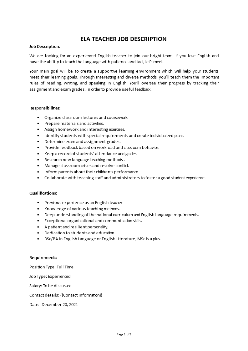 ela teacher job description Main Image ela teacher job description