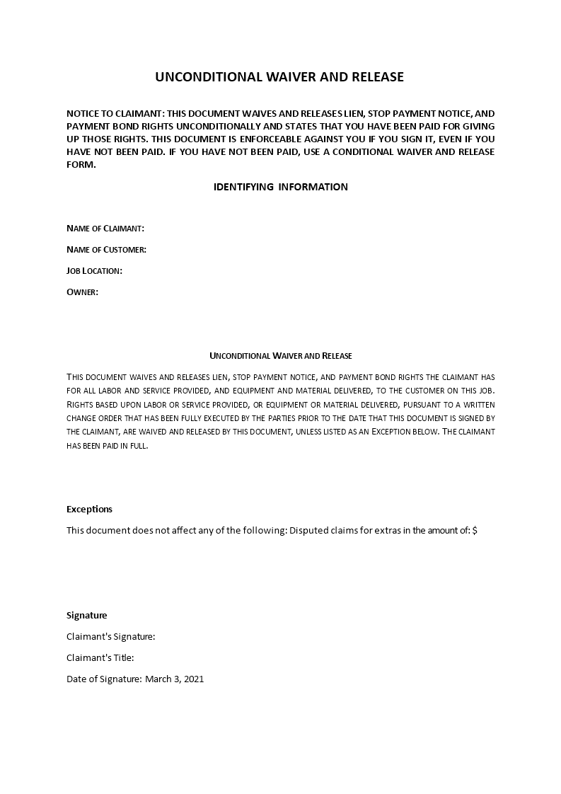 unconditional waiver and release Main Image unconditional waiver and release template