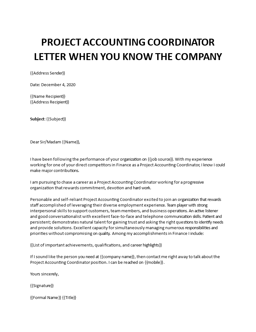 project accounting coordinator letter