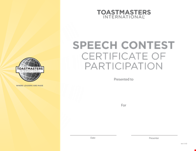 International Speech Contest Certificate | Toastmasters