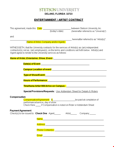 Entertainment Artist Contract Template: University Contract Agreement - Ensuring Artist Rights