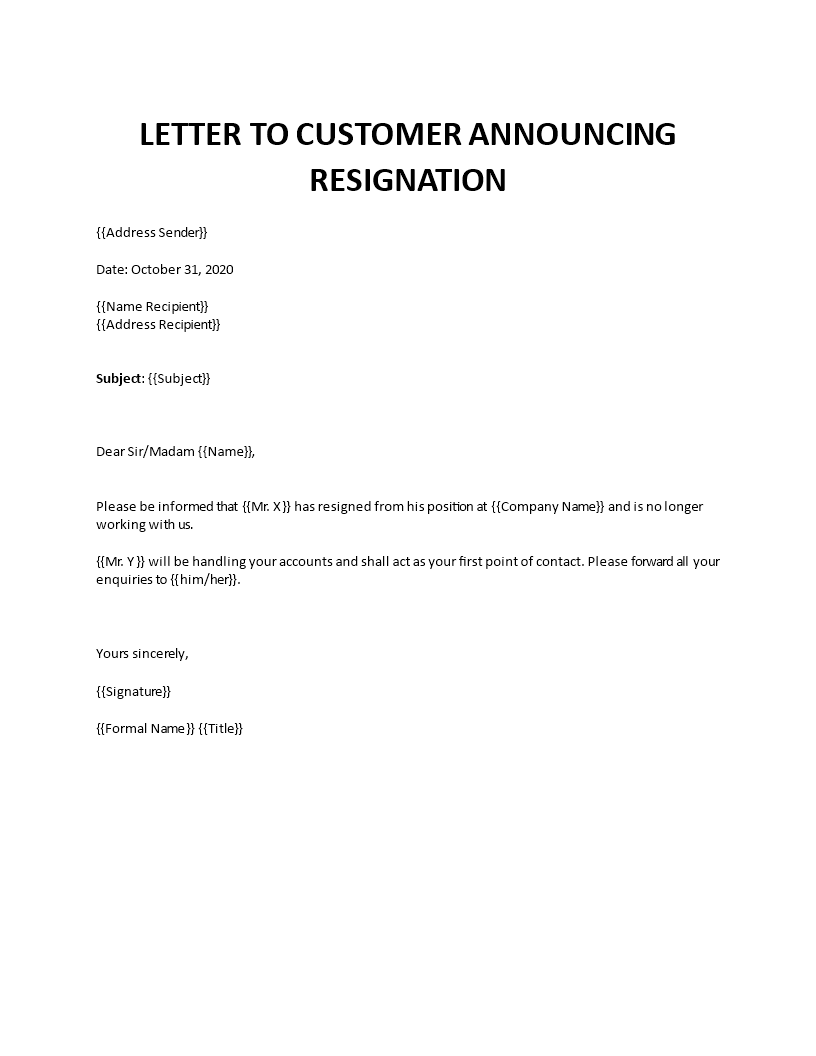 resignation announcement letter to customer template