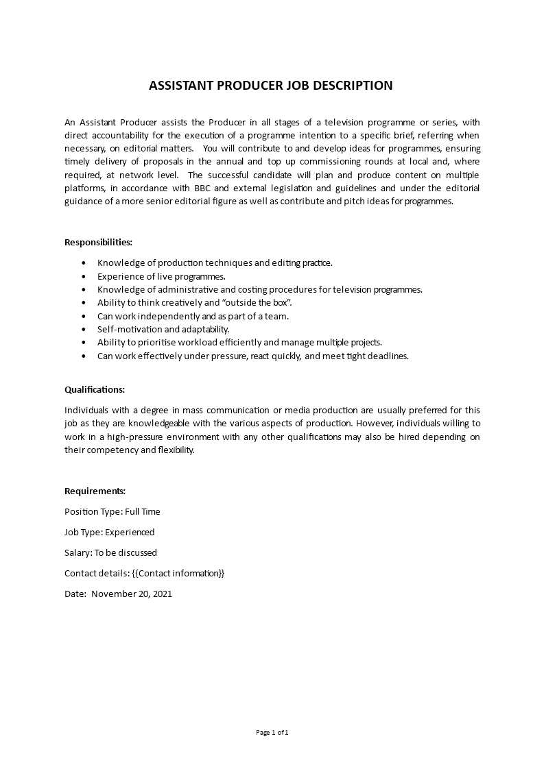 assistant producer job description Main Image assistant producer job description template