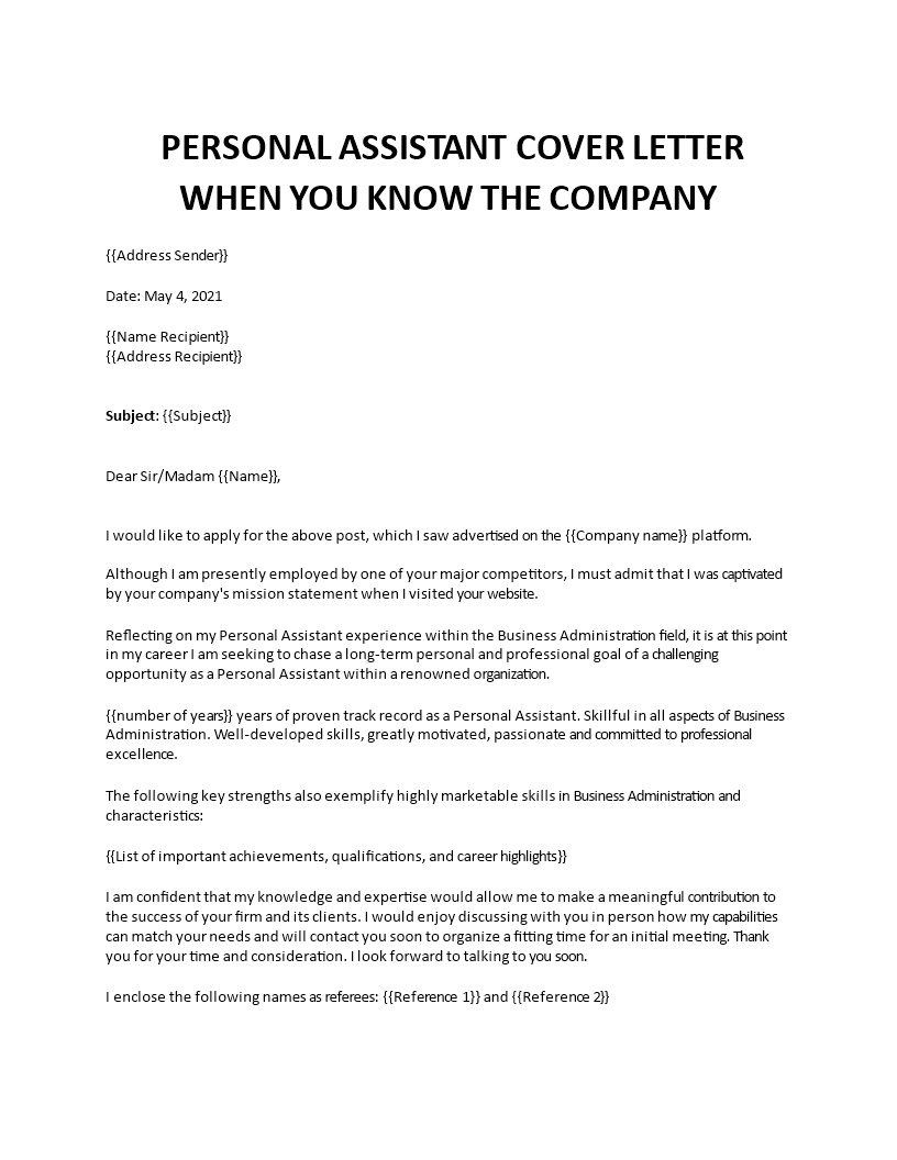 personal assistant cover letter 