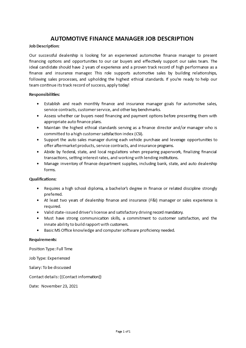 automotive finance manager job description  template